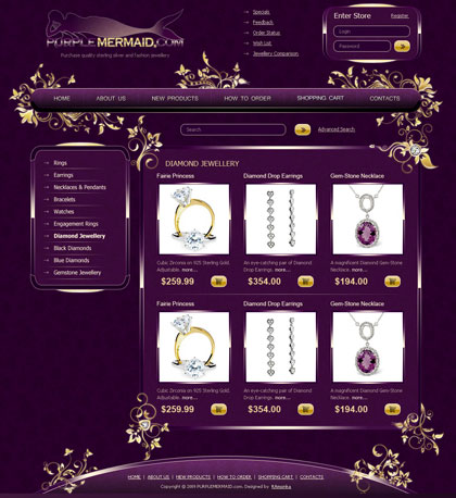 Web Design with Logo and its HTML Coding for Jewelry Online Store Purple Mermaid